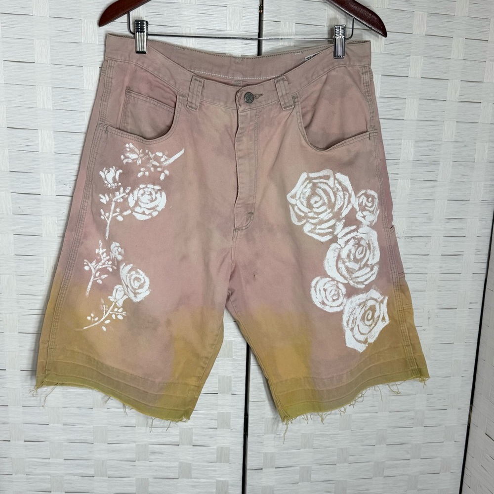 UPCYCLED Pink & Yellow Ombré Distressed Flower Painted Frayed Hem Denim Shorts